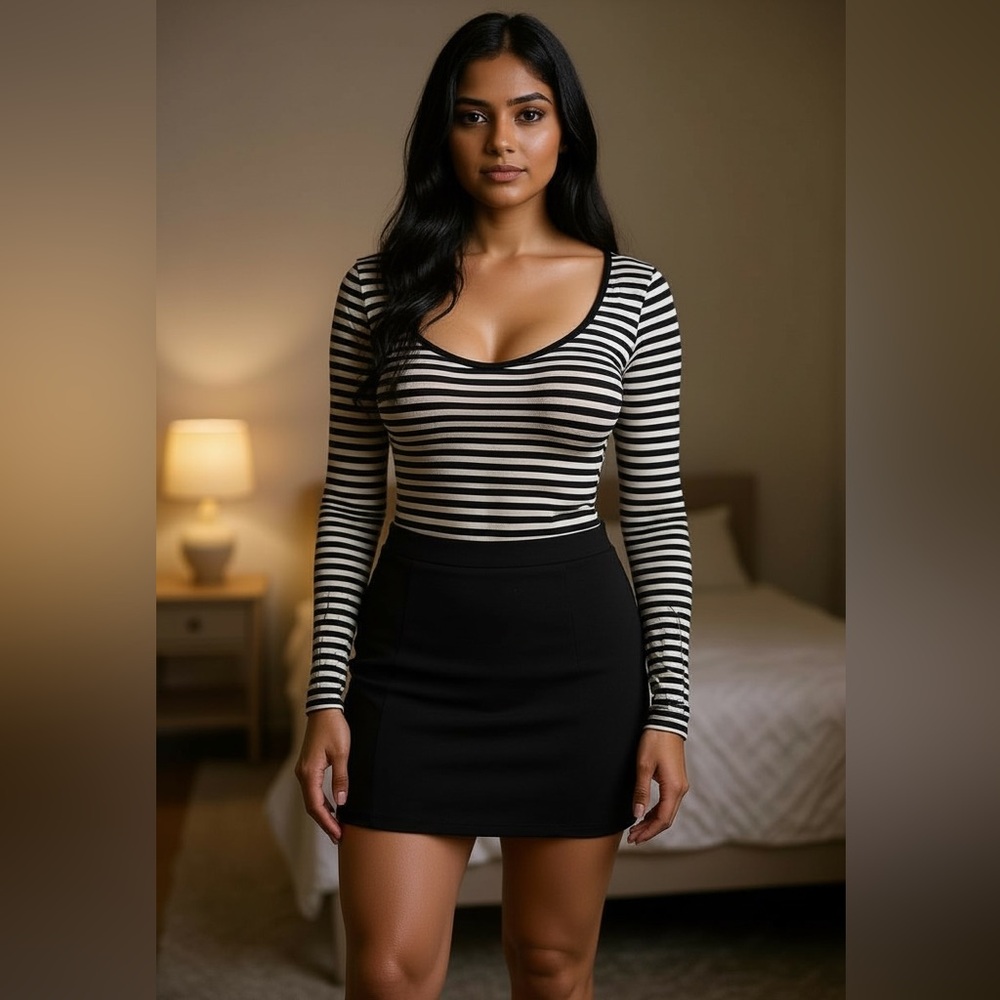 Forever 21 Long Sleeve Black & White Horizontal Striped Body Suite with Snaps S